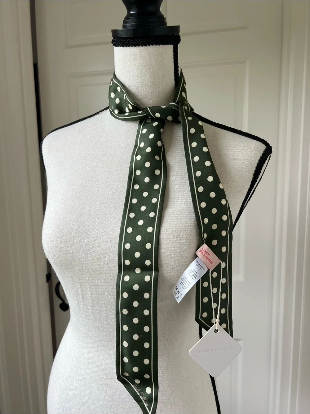 Polka Dot Skinny Scarf - Olive Green